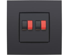 Niko afdækning i antracit til dobbelt højttalerudtag med fire sorte og røde terminaler.