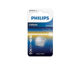 Philips CR2032 lithium knapcellebatteri til elektronik, 3V, 1 stk. i blisterpakke med tydelig produktinformation.