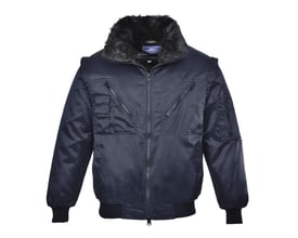 Klassisk navy pilotjakke i størrelse XL med aftagelig pelskrave, lynlås og flere lommer.