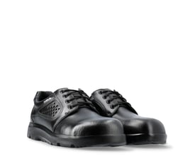 Sika Footwear Optimax snøresko i sort læder med stål tåværn og snørebånd, størrelse 42, præsenteret på hvid baggrund.