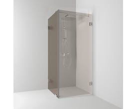 Svedbergs 180° brusehjørne, 90x100x200 cm, med bronzegråt glas og kromfarvede beslag, set forfra.