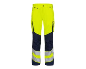 Engel arbejdsbukser model 2545-319 i gul og mørkeblå med High-Vis refleksstriber, str. 108, vist forfra på hvid baggrund.