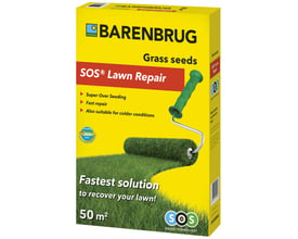 Barenbrug SOS Lawn Repair græsfrø, 1 kg, vist på en gul emballage med en grøn rulle, der skaber en grøn græsmåtte.