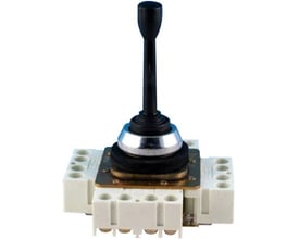 Schneider Electric 4-vejs joystick-controller med 30mm greb og krom frontring, vist isoleret på hvid baggrund.