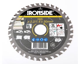 Ironside rundsavklinge til træ med søm, 165 mm og 36 tænder, fylder billedet med de skarpe tænder og mærkningen tydeligt synlig.