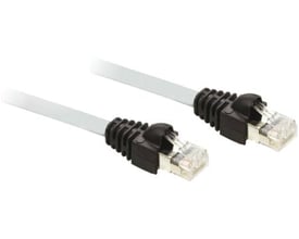 Schneider Electric Modbus kabel med 2 RJ45 stik, 3 meter lang, med sorte gummihætter og klare plastikhuse omkring stikkene.