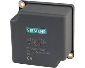 Siemens Simatic RF300 transponder RF370T, model 6GT2800-5BE00, mørkegrå med synligt Siemens logo og produktinformation på en hvid baggrund.