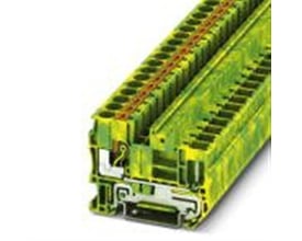 Detaljeret billede af Phoenix Contact Jordklemme PT 6/1P-PE, viser push-in-tilslutningens mekanisme og grøn/gule farve.