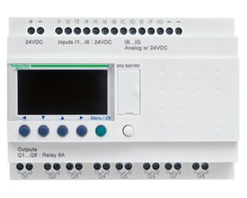 Schneider Electric Zelio Logic SR2B programmerbar controller med 12 V DC, LCD display, 20 I/O og skrueklemmer på hvid baggrund.