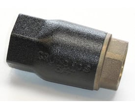 Grundfos mellemventil i sort støbejern med fjederbelastning og 3" tilslutningsgevind i messing, vist på hvid baggrund.