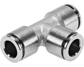 Festo T-forbindelse NPQH-T-Q12-E-P10, en pneumatisk push-in T-kobling i metal med 11 mm nominel størrelse.