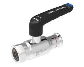 VSH XPress kugleventil i messing med G3/4" gevind og 18 mm press tilslutning, lav spindel og sort håndtag.