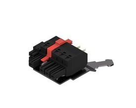 Weidmüllers sorte hybridconnector til PCB med fire poler og rød PUSH IN-aktuator, set skråt forfra.