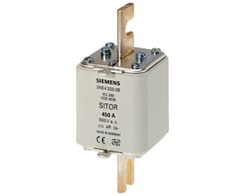 Siemens SITOR sikring, model 3NE4 333-0B, 450A, 800V a.c., NH2 klinge og frontindikator, fremstillet i Tyskland.
