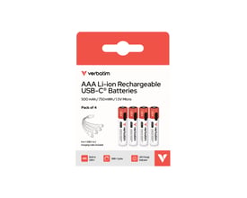Forsiden af emballagen til Verbatim genopladelige AAA-batteri med USB-C viser batterier og opladningskabel.