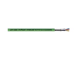 Lapp ETHERLINE FD P FC CAT5 netværkskabel med 2x2xAWG22 ledere og afskærmning, vist med afisoleret ende. Kabelfarve er grøn med hvid tekst.