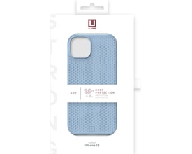 Urban Armor Gear iPhone 13 Dot Cover i cerulean blå silikone præsenteret i sin emballage, der fremhæver 16 fod drop protection og MagSafe-kompatibilitet.