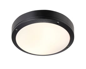 Nordlux Desi 28 loftlampe i sort, set forfra på hvid baggrund, med opal hvid diffusor.