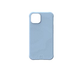 Blåt iPhone 13 Dot-cover fra Urban Armor Gear set bagfra med prikket overflade og åbning til kameraet.