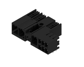 Weidmüller hybridkonnektor til printmontering med tre poler og 90° vinkel, set skråt ovenfra.