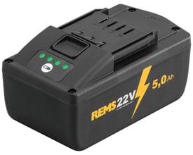 Rems 21,6V 5,0Ah Li-Ion batteri med fire grønne indikatorlys og et symbol for batteristatus.