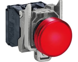 Schneider Electric signallampe med rød LED, 120V AC, 22mm hulmål, viser montering og bagvedliggende komponenter.