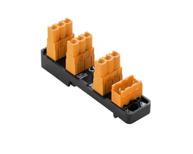 Weidmüller interface- og overførselsmodul med orange stik og sort base, set skråt oppefra.