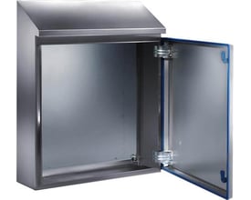 Rittal hygiejnisk skab i rustfrit stål med åben dør, 810x1250/1421x300 mm, IP66-klassificeret med 30 graders hældning på toppen.