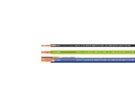 Fivenorm H07V2-K 1X2,5 (14AWG) kabler i sort, gul/grøn og blå, med kobberleder og tydelig mærkning på hver kabel.