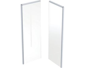 Ifö Showerama bagelement i hvid/klar aluminium, 1000x1000x2000 mm, viser to glaspaneler mod hvid baggrund.