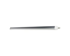 Ledvance Damp Proof Flex DALI-armatur på 42 W og 1500 mm, set skråt fra siden med lang, gråhvid profil og tilslutning i enden.