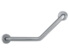 Intra Juvel TBBP-010 støttehåndtag i børstet stål med vinklet design, 457x457 mm, monteret på hvid baggrund.