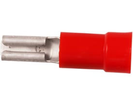 Nærbillede af Elpress isoleret spademuffe, med fokus på den røde polycarbonat isolering og messing-forbindelsen til 2,8x0,5mm spadestik.