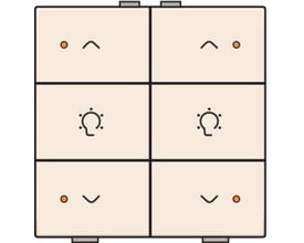 Niko dæmpertryk i creme med seks knapper og symboler til lysstyring, vist med en illustration.