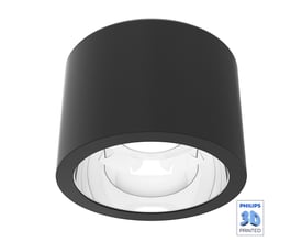 Sort, cylindrisk KT-serie påbygningsdownlight med 2000 lumen, 3000K LED og 3D printed logo.