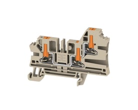 Detaljeret snit af Weidmüller gennemgangsklemme AL3C 4, der viser den interne PUSH IN-mekanisme for 4mm² ledere i beige.