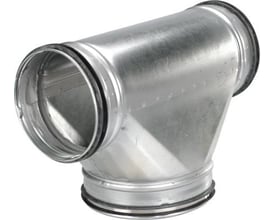 Lindab TCU T-rør i galvaniseret stål med 3 nipler, centrisk Ø250 mm og 90° afgrening på Ø315 mm.