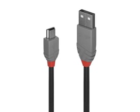 Sort 2 meter langt USB 2.0 kabel med type A og Mini-B stik. Begge stik er grå med rød detalje.