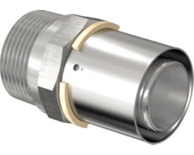 Detaljebillede af Uponor S-Press kobling med 63 mm rør, 2" gevind og gyldne presringe, fremhæver metaloverfladen.