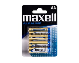 Maxell alkaline AA LR6 batterier i 4-pakning, gul med blå og hvide detaljer og tydelig Maxell logo.