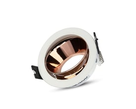 V-TAC GU10 lampe med rund hvid ramme og rose guld inderside, viste på hvid baggrund.