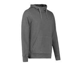 ID Identity Core hættesweatshirt i sølvgrå, str. M, vist fra siden med kængurulomme og snøre i hætten.