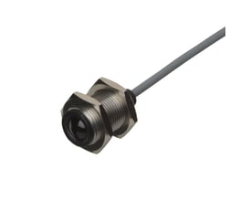 Carlo Gavazzi MPFT15-M14-4C fotoaftaster med M14-gevind, metalhus, sorte frontlinse og gråt kabel.