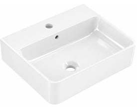 Hvid, firkantet COBA håndvask på 45 x 37 cm med hanehul og overløb, set skråt ovenfra.