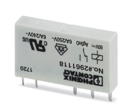 Bagside af Phoenix Contact relæ med mærkning 60V DC, 6A/250V~, VDE og UL-certificeringer.