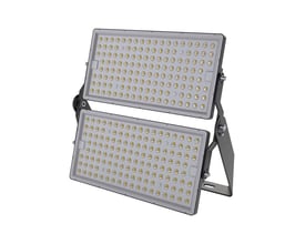 V-TAC 500W LED projektør i sort aluminium med to justerbare lysenheder på et beslag, vist på hvid baggrund.