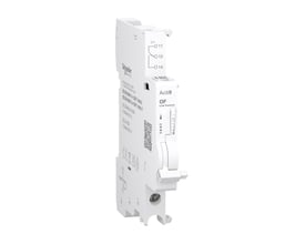 Schneider Electric Acti9 iOF signalkontakt med 1 OC, 2mA, skrueklemme i bunden. Enheden er hvid og viser tekniske specifikationer på siden.