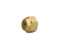 Messingfarvet flangemøtrik med indvendigt gevind, Ø 1/2", set skråt forfra.