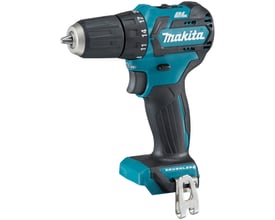 Makita CXT DF332DZ 12 V bore-/skruemaskine i turkis og sort, set skråt forfra med momentindstilling og greb.