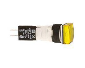 Schneider Electric kvadratisk gul lampe XB6CV5BB med frontring i plast og tilslutningsben på sort baggrund.